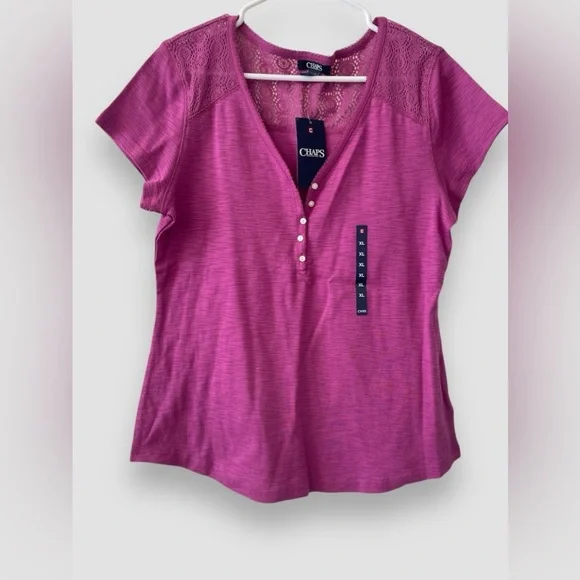 Chaps Women's Pink Short Sleeve Henley Lace Top Sz X-Large V-Neck Buttons NWT - Picture 1 of 4
